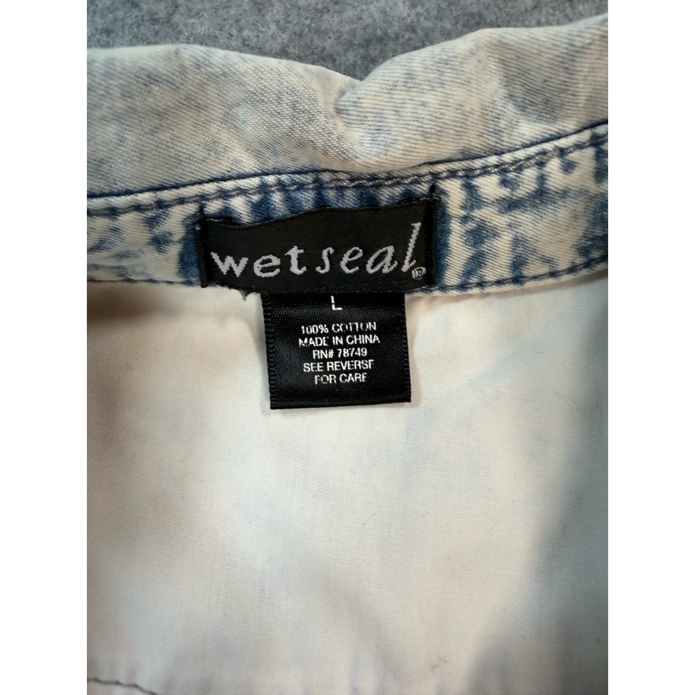 Wet Seal Womens Acid Wash Denim Button Down Shirt Y2K Blue White Cotton Large - Picture 3 of 7